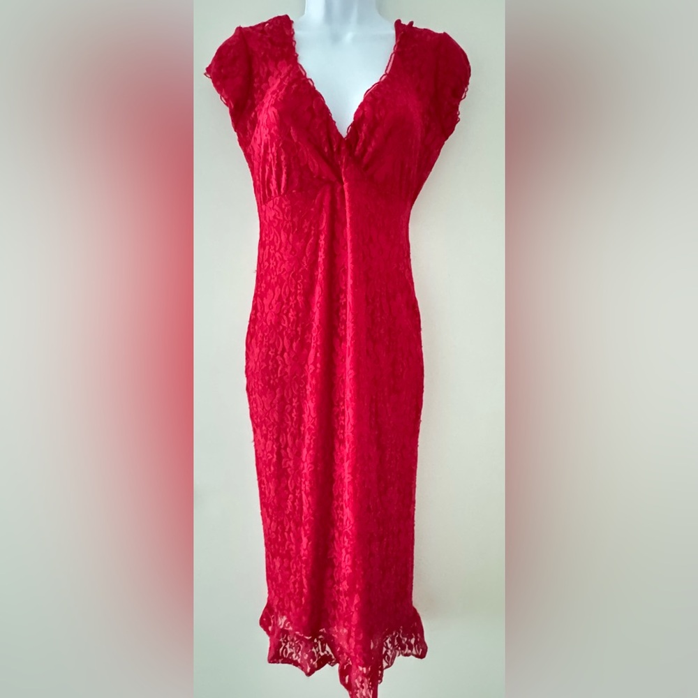 Vintage 90s Red Lace Bodycon Midi Dress Medium